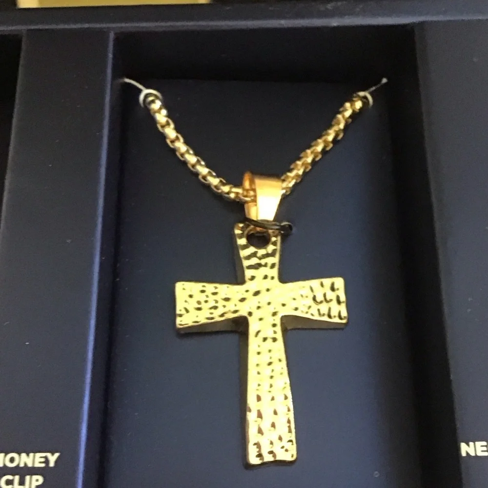 Gold Tone Square Face Watch with Gold Cross Necklace and money Clip